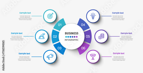 Business infographic vector design template with 6 options, steps or processes. Can be used for workflow layout, diagram, annual report, web design	