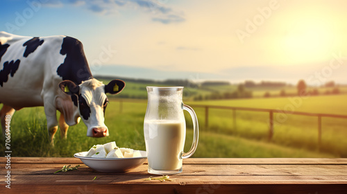 A glass and a jar of milk on a wooden tabletop with cows and a field in a blurred background. Tabletop with space for product advertising