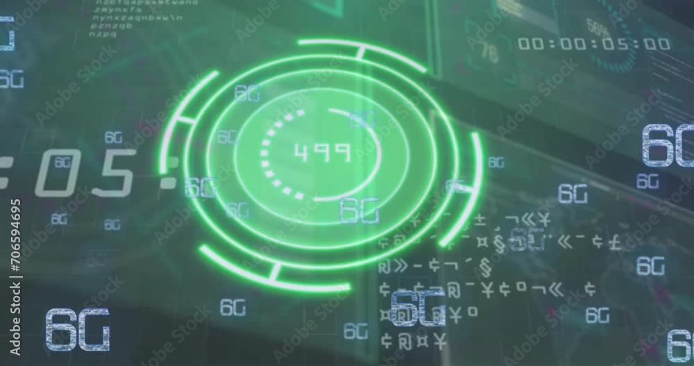 Animation of data processing and 6g texts over digital screens Animation of data processing and 6g texts over digital screens