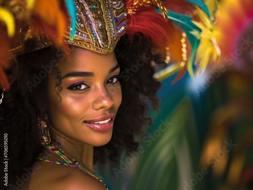 Professional half body portrait of sensual and beautiful brazilian woman during Rio carnival