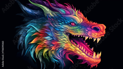 Rainbow dragon head on a black background © Aki