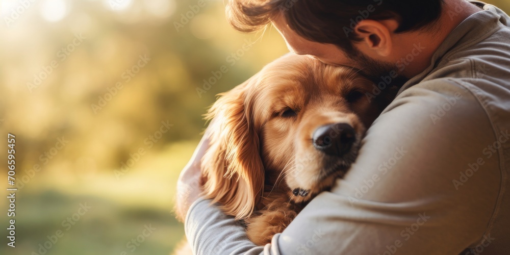 Man hug tightly his Golden Retriever. Banner with copy space