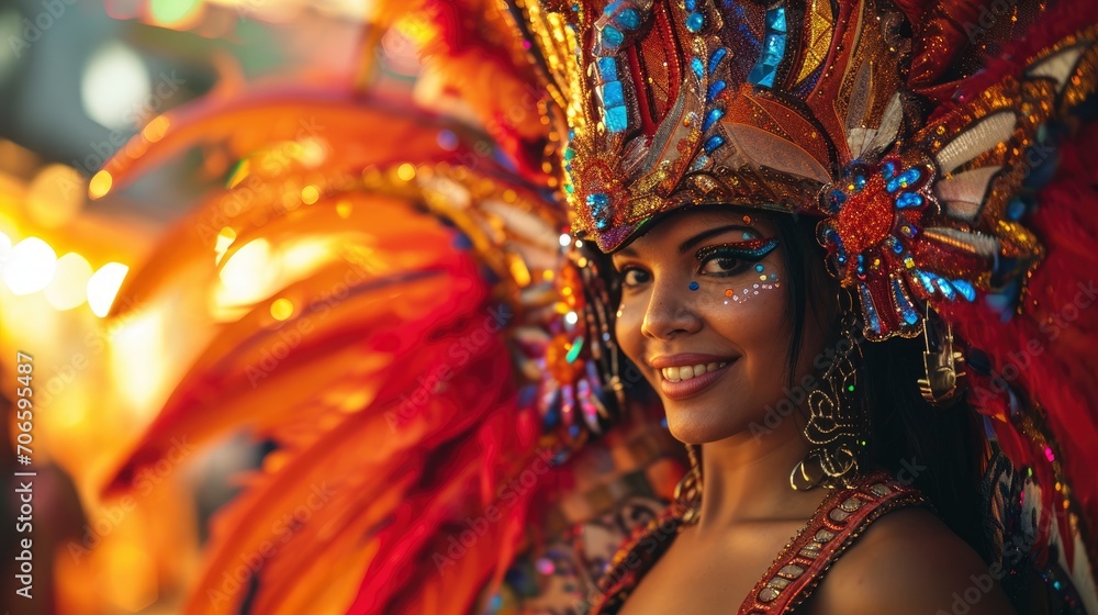 Sensual and cute woman Rio carnival participant in breathtaking costume