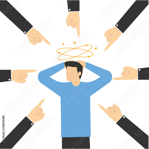 giant boss pointing and blaming depressed female employee. Toxic jobs, harassment or intimidation of co-workers, fear of failure and responsibility, bad culture makes depressed employees bored.

