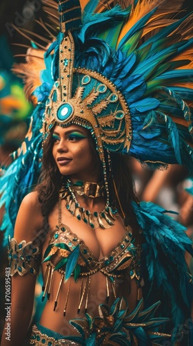 Sensual and cute woman Rio carnival participant in breathtaking costume