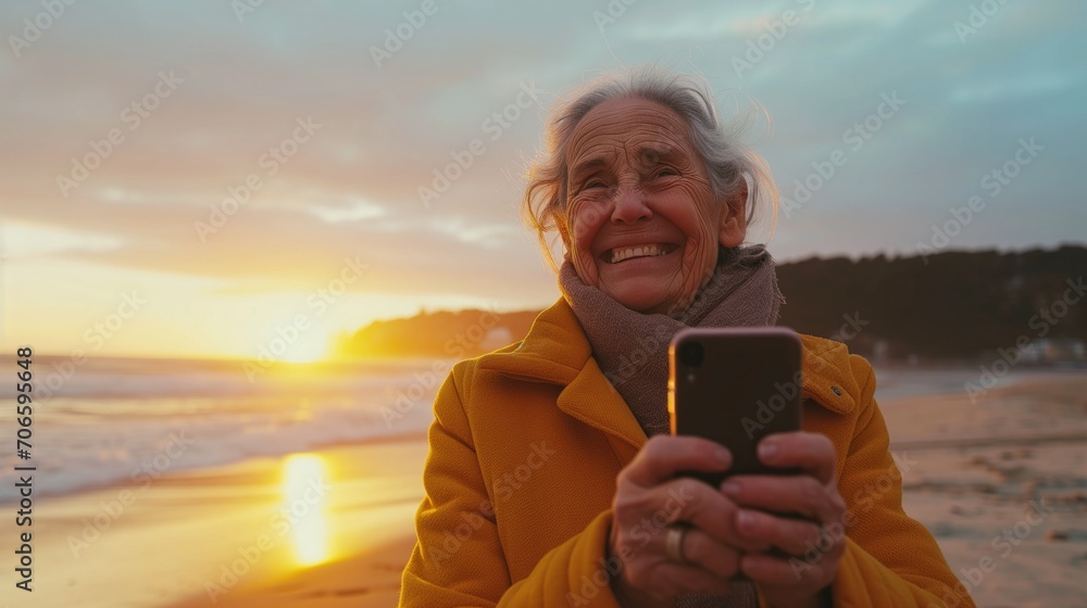 Joyful elderly woman using her smartphone to video chat with grandchildren on a beach during sunset - obrazy, fototapety, plakaty 