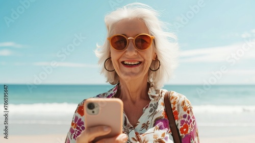 Elderly woman in sunglasses smiling at her phone on a sunny beach, embodying vacation joy and digital connectivity