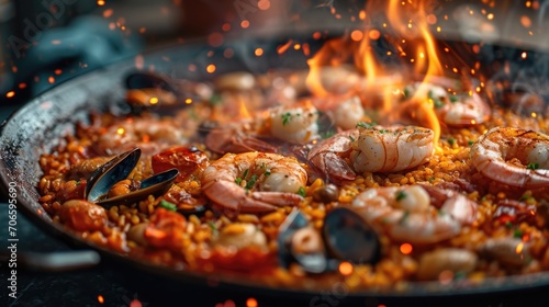 Food photography, paella, vibrant seafood and rice, captured with flames and sparks photo