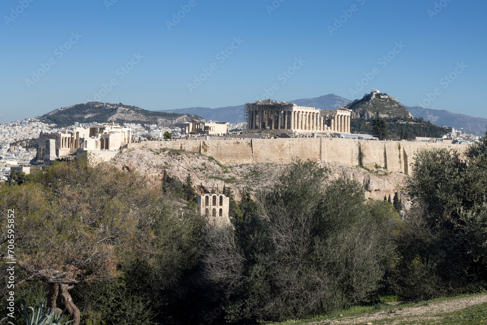 View of the Acropolis, Parthenon and Lycabettus Hill from Philopappos Hill in Athens, Greece