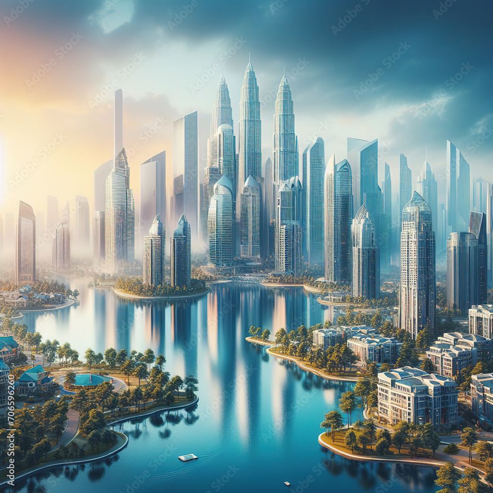 City futuristic modern digital illustration lake concept