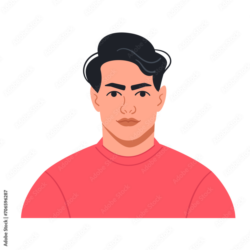 The avatar of a young man with dark hair. Portrait of a male character with a serious face. Bright vector illustration in a flat style