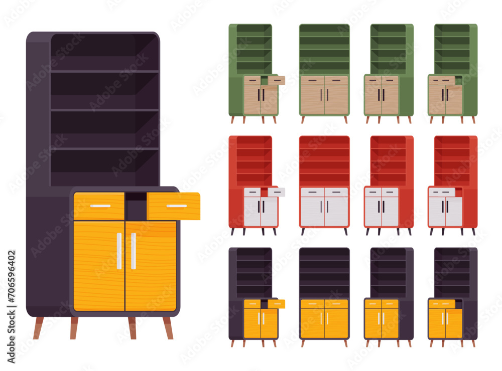Cupboard accent big set, storage kitchen pantry, cabinet, buffet. Functional and attractive open shelf with drawer. Vector flat style cartoon home, office furniture objects isolated, white background