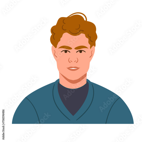 The avatar of a young man with red wavy hair. Portrait of a male character with a serious face. Bright vector illustration in a flat style