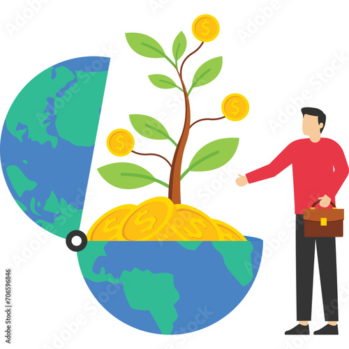 Entrepreneurs see the world to achieve cash crops. Global investment opportunity, world stock mutual fund, international or world company profit growth concept.

