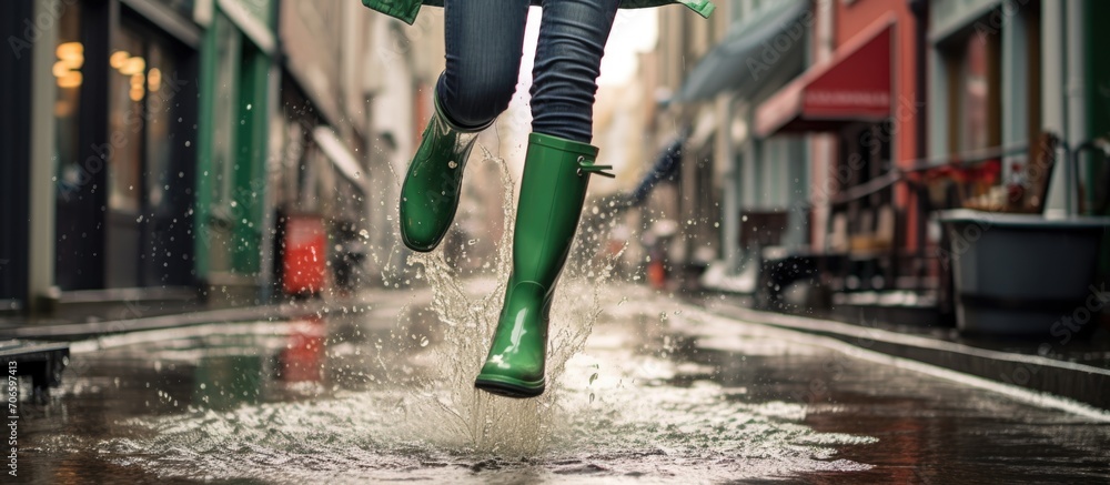 Woman wearing green rubber boots jumps in street puddle. - obrazy, fototapety, plakaty 