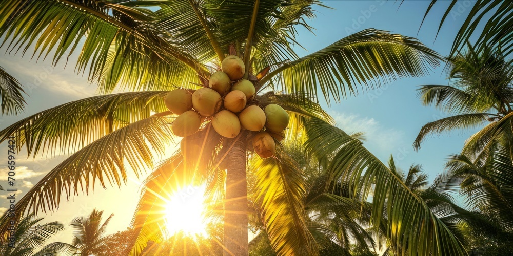Fototapeta premium As the Sun Sets, Coconuts Thrive in a Tropical Plantation: Organic Farming Yields Fresh, Ripe Coconuts, a Paradise for Resorts and Nuts, Generative AI