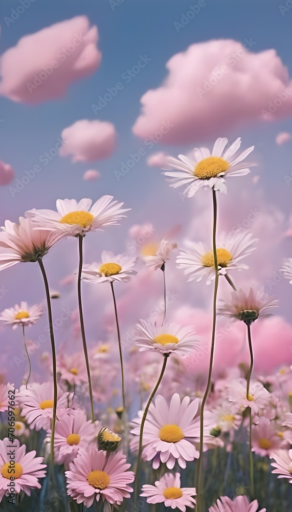 Daisy flowers light pastel pink sky picture, summer  concept
