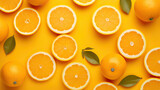 Fresh, juicy oranges artfully arranged on a bright yellow background, capturing the essence of citrus vibrancy Ai Generative