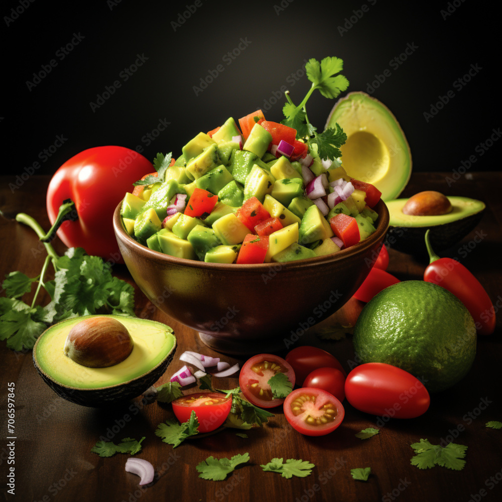 fotografia con detalle de cuenco con trozos de aguacate y tomate fotografia con detalle de cuenco con trozos de aguacate y tomate