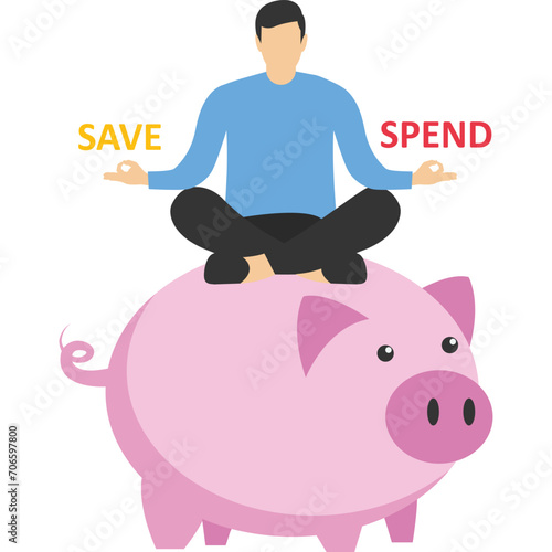 People hesitate to sit on savings balance options save or spend. Money decision, save or spend, choose to invest or pay off debt concept, financial options when receiving bonus or extra money.

