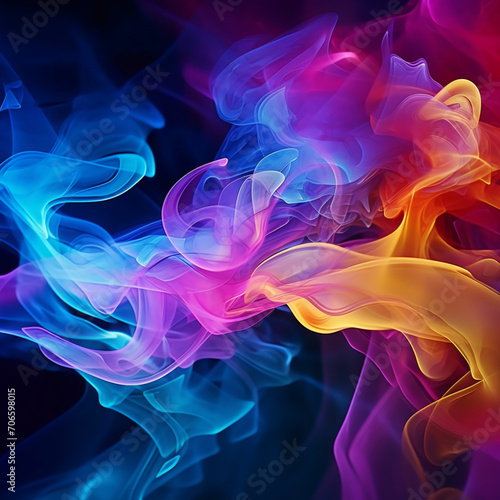 Fondo abstracto con formas sinuosas de humo de diferentes colores sobre fondo negro