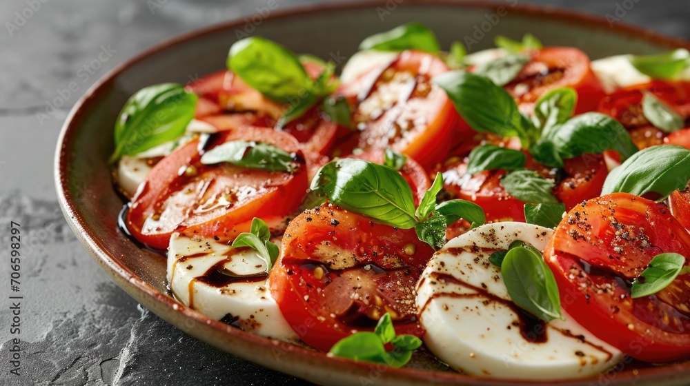Commercial photography, caprese salad, mozzarella and tomatoes with balsamic glaze on an elegant black slate background . Commercial photography, caprese salad, mozzarella and tomatoes with balsamic glaze on an elegant black slate background .