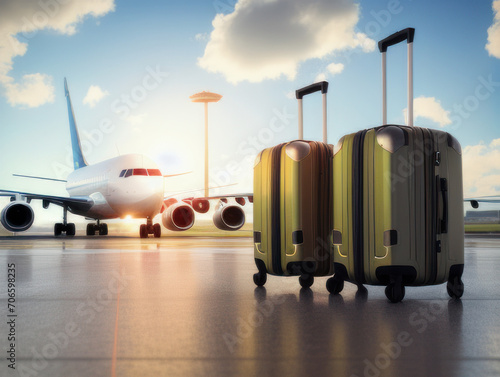 Suitcase with airplane background, Stylish suitcases on yellow background,private plane