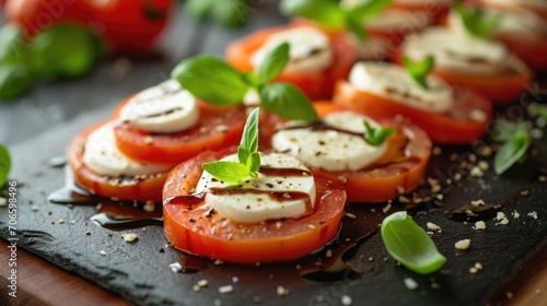 Commercial photography, caprese salad, mozzarella and tomatoes with balsamic glaze on an elegant black slate background . photo