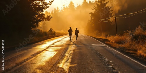 A couple warms up on the open road  preparing for their morning run as the sun rises  casting captivating light and shadows around them.