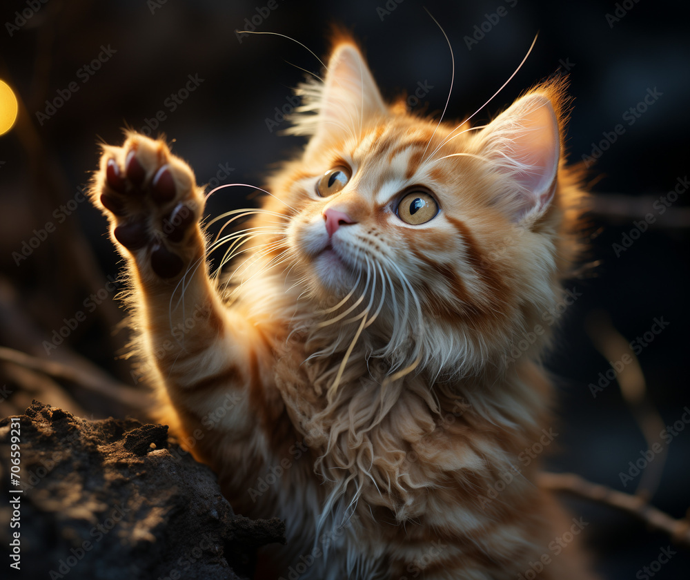 Little kitten gives high five on the street Little kitten gives high five on the street