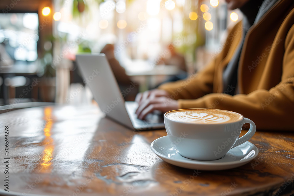 Close up image of freelancer or remote worker in a cozy coffee shop setting, working on laptop and enjoying coffee