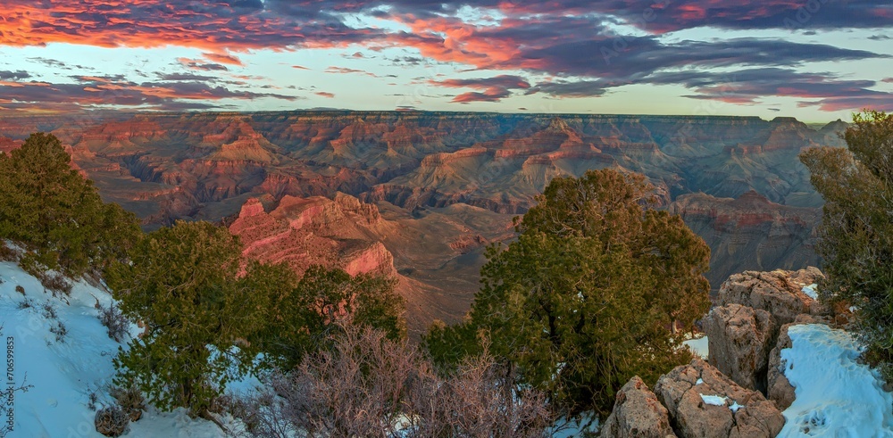 Panoramic image over the Grand Canyon from the South Rim during sunrise
