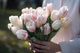 A woman holding a bunch of soft pink tulips in her hands