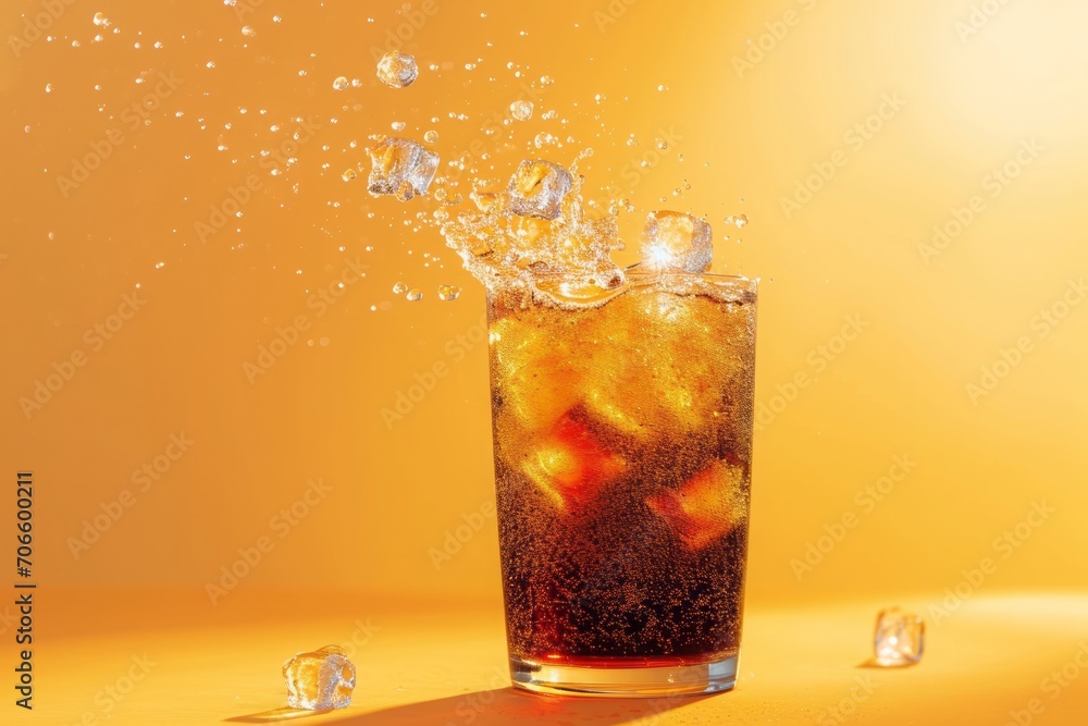 A foggy glass of soda with ice cubes flies upward on bright background
