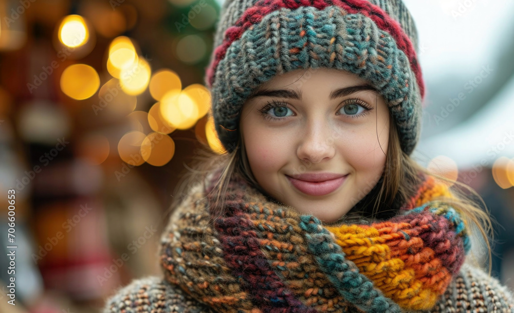 christmas market in the snow and a girl in a knitted hat christmas market in the snow and a girl in a knitted hat