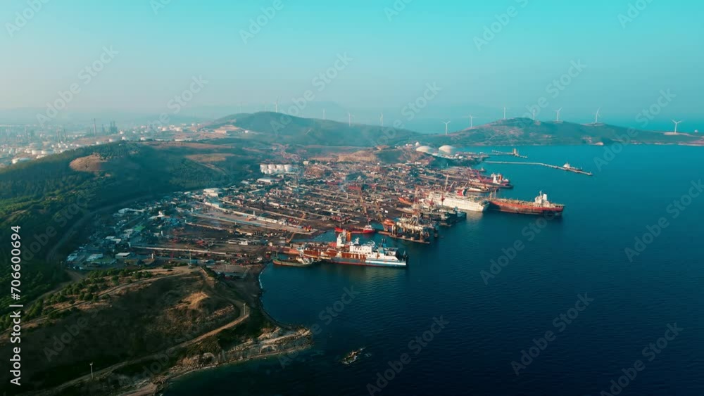 Ship breaking yard. Ship recycling breaking down and separating materials on field in Turkey. Aerial view Ship breaking yard. Ship recycling breaking down and separating materials on field in Turkey. Aerial view