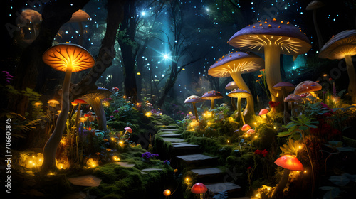 A magical forest filled with glowing mushrooms