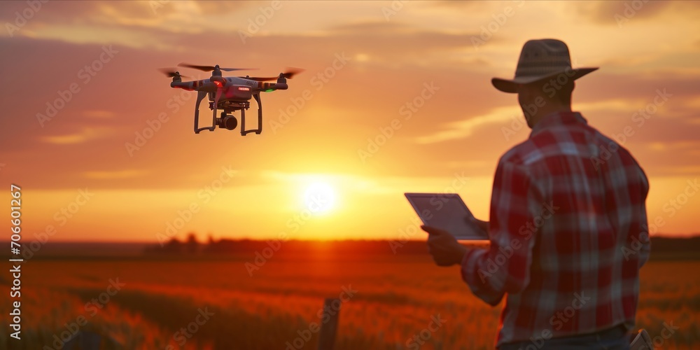 Innovative Farming at Sunset: Farmer Uses Tablet to Fly a Drone, Revolutionizing Agriculture with Aerial Precision and Technology. Generative AI Innovative Farming at Sunset: Farmer Uses Tablet to Fly a Drone, Revolutionizing Agriculture with Aerial Precision and Technology. Generative AI