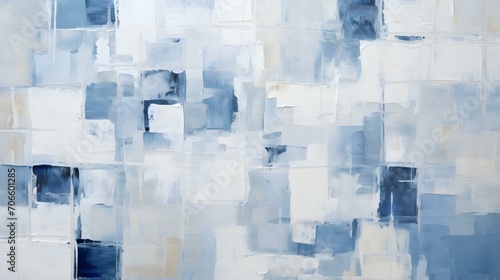 Abstract Oil Painting with overlapping Squares in white and blue Colors. Artistic Background with visible Brush Strokes