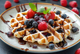 A plate of Belgian waffles with a chocolate sauce and topped with fresh berries