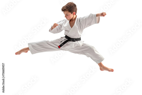 Caucasian boy, brown hair, wearing black belt, isolated from background