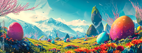  Vibrant Easter concept with oversized eggs in a mountainous landscape. photo