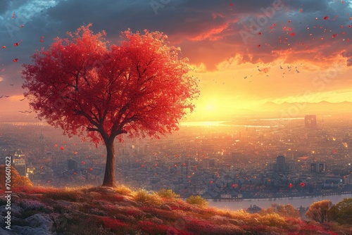 landscape with a heart-shaped tree, in the style of bright colors of nature, photorealistic landscapes, light crimson, red