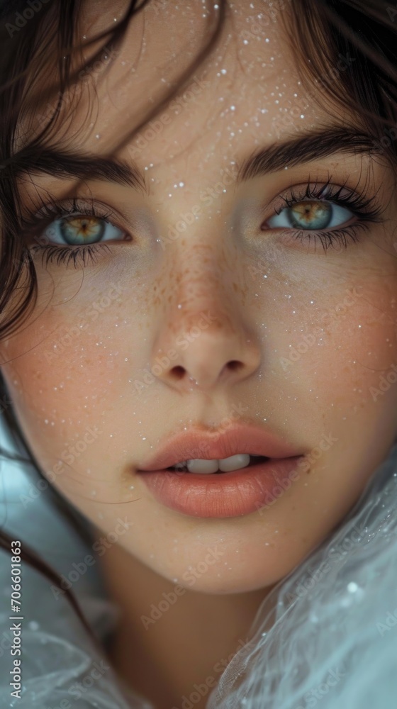 Young woman with mesmerizing eyes and radiant skin captured up close with droplets of water on her face, emphasizing natural beauty in soft lighting Young woman with mesmerizing eyes and radiant skin captured up close with droplets of water on her face, emphasizing natural beauty in soft lighting