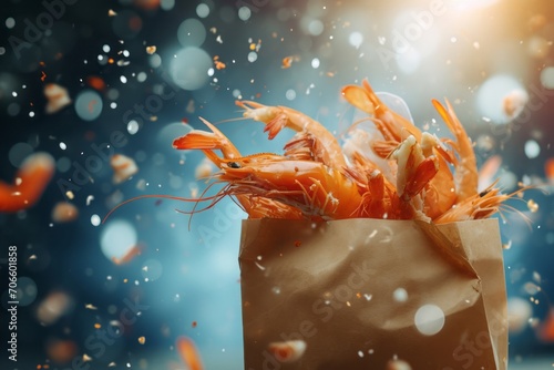A paper bag with shrimps flying out of it