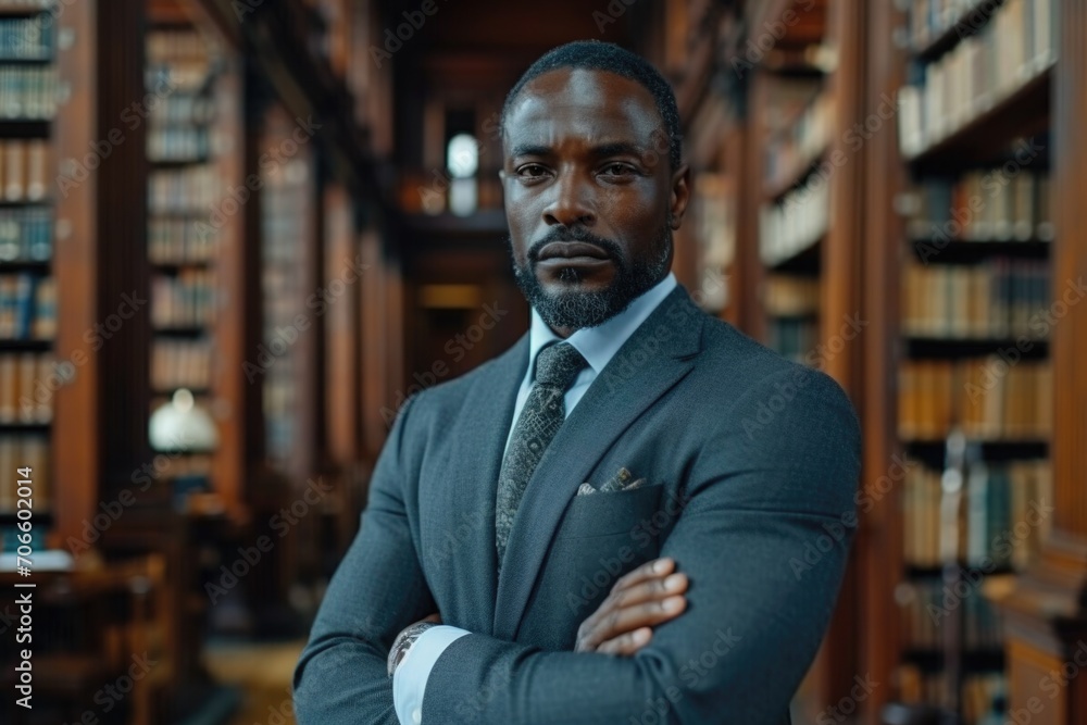 Black lawyer, in a suit, in front of a law library. Black lawyer, in a suit, in front of a law library.