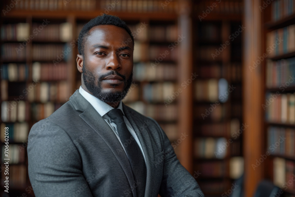 Black lawyer, in a suit, in front of a law library. Black lawyer, in a suit, in front of a law library.