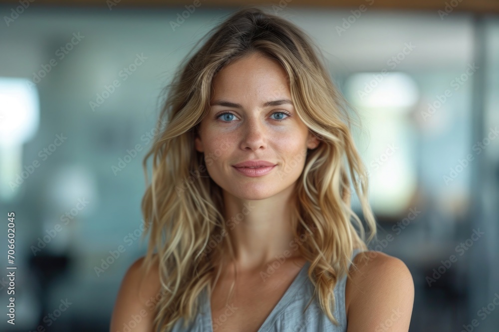 Woman with wavy hair and bright blue eyes smiling in a modern office setting during daylight hours Woman with wavy hair and bright blue eyes smiling in a modern office setting during daylight hours