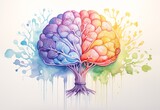 Colorful brain with tree. abstract watercolor background. tree with shapes like human brain.