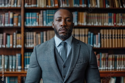 Black lawyer, in a suit, in front of a law library.